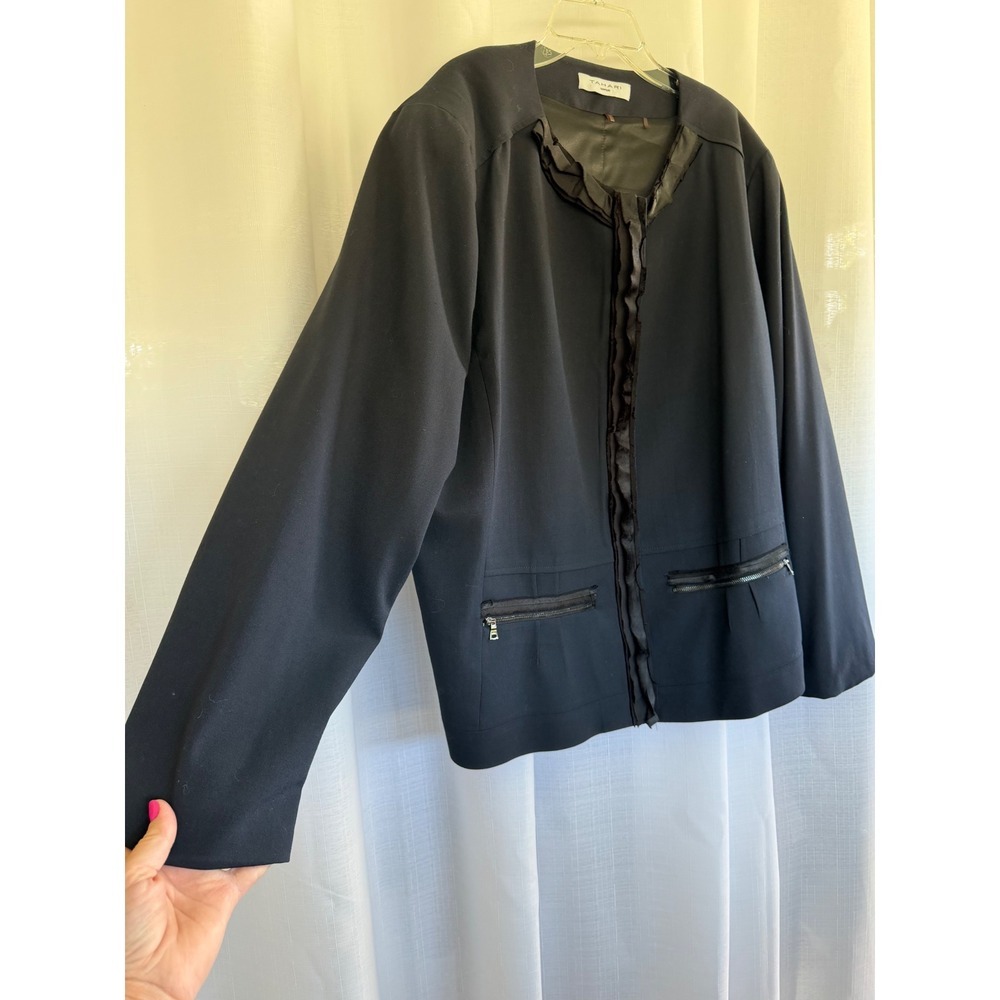 Tahari Woman Black Open Front Jacket Size 20 Ruffle Trim Career Blazer - Picture 2 of 7